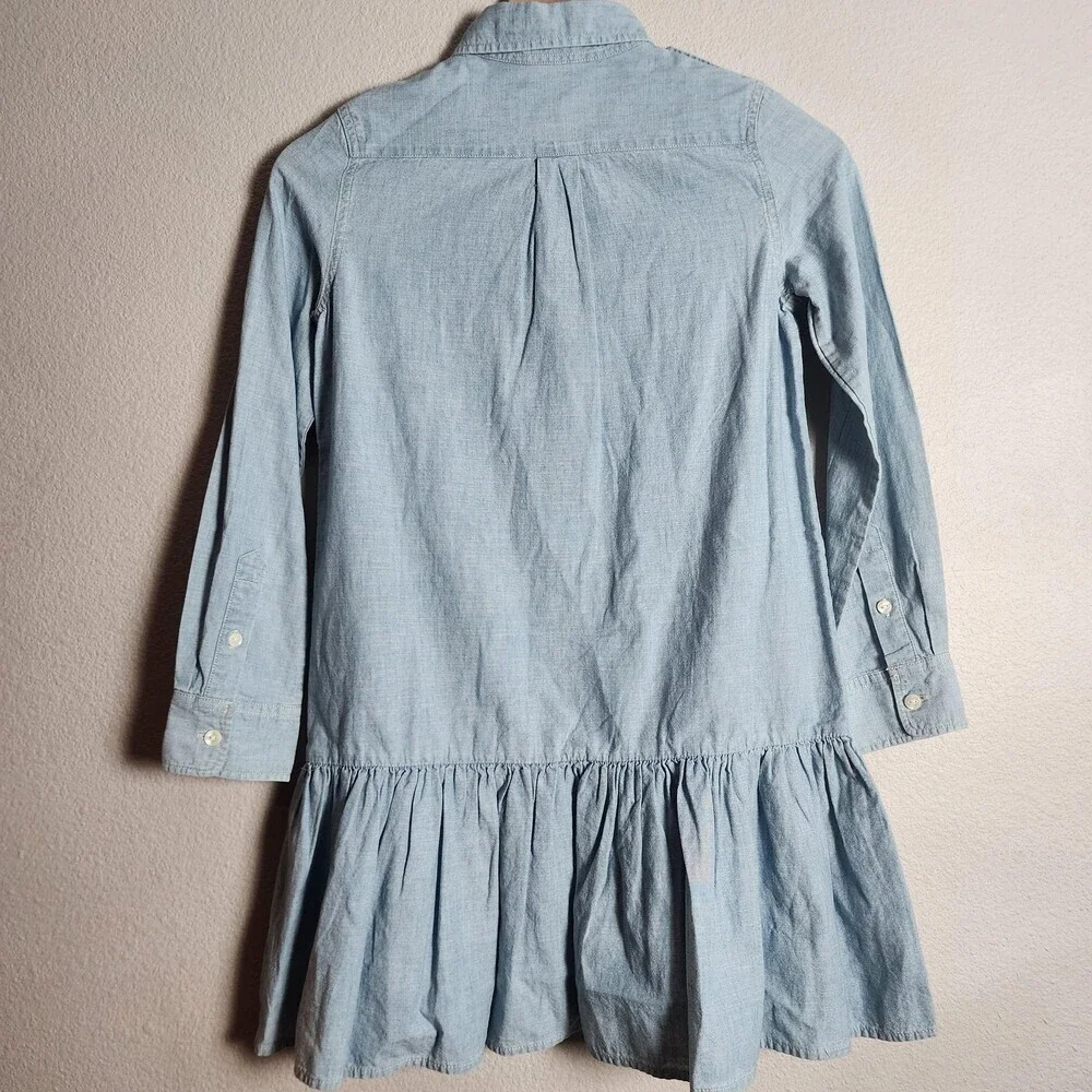 Polo Ralph Lauren Dress Girls 10 Blue Chambray Shirt Dress Drop Waist Ruffle Hem